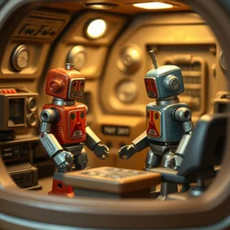 closeup digital color photo of two 1 9 4 0 s - style tin - toy robots, inside a small simple diorama of a spaceship control room