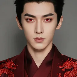 concept art, a young asian man with a pair of phoenix eyes, fair complexion, straight nose, thin lips, delicate eyebrows, handsome and elegant, with a red dragon embroidered on his clothes, conrad roset, greg rutkowski, flume cover art