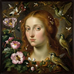 A beautiful detailed full body portrait painting 'The Godes of nature' by Giuseppe Arcimboldo, flowers bees and birds everywhere, existential horror, Trending on cgsociety artstation, highly detailed, 8k, masterpiece, in the style of DiscoDiffusion.