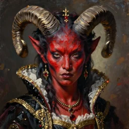 painted close - up portrait of a attractive red - skinned intimidating demon girl with ram horns! oil painting, wearing a noblewoman's outfit, fantasy art by john singer sargent and gaston bussiere, and guillermo del toro, demon noble character design, hd