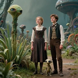 detailed, sharp, a girl and a boy standing next to some strange wild alien plants, looking happy, wearing 1860s era clothes, their small pet tiny alien creature is standing nearby, in a park on a strange alien planet, extremely highly detailed, in focus faces, octane render, from a classic period sci fi color blockbuster movie, 4k, 35mm macro lens, high quality lighting, sharp focus