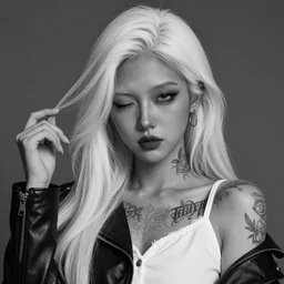 Hot young woman, winking, grey skinned, void eyeballs, white hair, tattoos, wearing leather and a white blouse, digital art, concept art, ultra detailed, 4k, 8k
