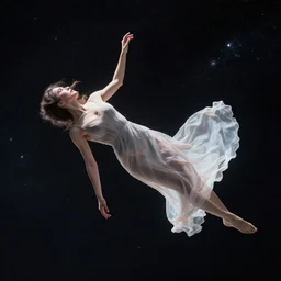 a woman in a thin dress floating in space