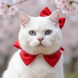 white cat with fluffy red bow, photorealistic portrait, sakura, ultra quality, high detailed, zoom, leica 8 5 mm 1. 2 f