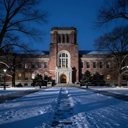 University of Michigan campus on a Winter night by Rene Magritte. Impressive architecture. Long surreal shadows. Blue.