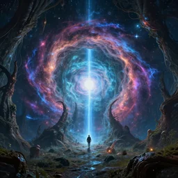 large detailed cosmic luminescent portal,, background, alien forest, in the style of ismail inceoglu, by ivan shishkin, panorama, 8 k, ultra - hd