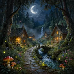 realist painting, high detail, woodland village, in the night, fantasy, crescent moon, stone paths, bridge, water stream, luminous, toadstools, fireflies, fantasy,, flowers, waterfall, lanterns, mist, highly detailed painting, fine lines, 8 k realistic, sharp focus