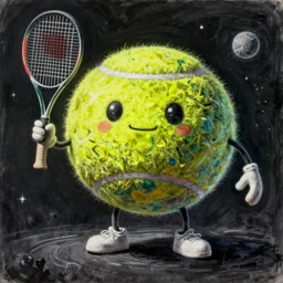 cinematic portrait of a tennis ball monster in the abyss of space, chalk on canvas, masterpiece, trending on artstation, featured on pixiv, cinematic composition, dramatic pose, beautiful lighting, sharp details, hyper-detailed, HD, HDR, 4K, 8K, art by Tim Hildebrandt and Wayne Barlowe and Bruce Pennington and ruan jia and larry elmore