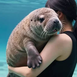 fluffy pygmy manatee being hugged by a person, realistic, fantasy, pet, adorable, national geographic