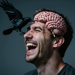 a close - up portrait shot of a man who's laughing hysterically while his brain is being eaten by a crow, cold lighting, photography, light and dark