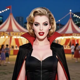 summer night, city circus carnival, portrait of young bettie page vampire, very coherent and colorful high contrast art, art by simon stalenhag, floralpunk screen printing woodblock, pastel color, hard lightings