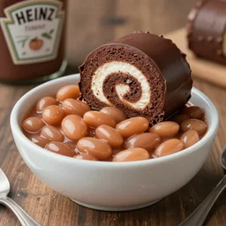 a bowl with heinz baked beans in. a chocolate swiss roll is on top of the beans. realistic cinematic hdr 3 5 mm