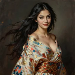 portrait of a anck su namun egypt princess in flowing sensual kimono, long flowing hair, delicate, looking at camera, slightly smiling, realistic face, stylish, elegant, extremely detailed painting inspired by Gerald Brom and Simon Stalenhag, studio lighting