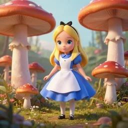 alice in wonderland giant mushrooms, 3 d, mistic atmosphere, cute, octane render, redshift render, intricate, insanely detailed, morning light, ambient occlusion, sub surface scattering, well rendered