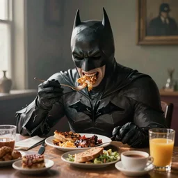 morning light, highly detailed portrait of Batman eating breakfast, the head of the joker is placed on the table, atmospheric lighting, masterpiece, award winning painting by Emmanuel Lubezki