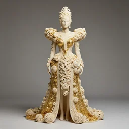 Dress photo shoot, full body, wide-shot, head to toe, Ivory carving, gold, glitter, bizarre fashion design,