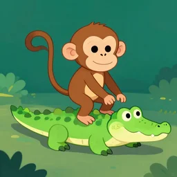 monkey riding a crocodile, cartoon illustration