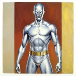 movie poster, comic book page, oil painting, of a silver, silver surfer, album cover, by hajime sorayama