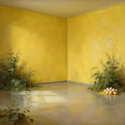 A realistic detailed matte painting of a giant empty room with yellow walls, bushes, glass reflections, a little pile of eggs in the corner, yellow particles, by Édouard Manet, Rembrandt, detailed light, realistic shaders, trending on artisation, detailed textures, detailed, realistic, trending on artisation, trending on realism.