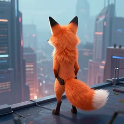 an anthropomorphic fox, holding her paws together behind her back staring over a futuristic city from the top of a roof, highly coherent, trending on furaffinity, cyberpunk