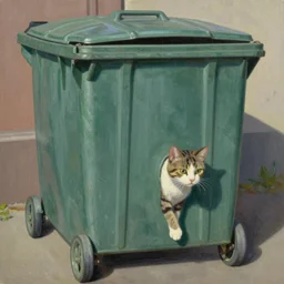 painting of a cat poking half way out of a dumpster by louis wain