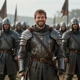 cinematic shot of a medieval commander standing in the foreground with his army of warriors behind him with a smile on his face, artwork by greg rutowski, 4 k, masterpiece