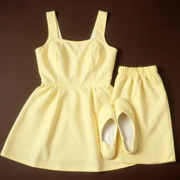 the film still photographed image is a vintage leisure wear ensemble from the 1 9 5 0 s. the slip is inspired by a yellow princess. it is displayed on a mannequin in a museum exhibit. vibrant cinematography, anamorphic lenses, upscale, hyper realistic photo, crisp, detailed image in 8 k resolution.