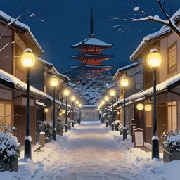 beautiful illustration of kyoto streets at night, winter, illuminated by globe street lamps