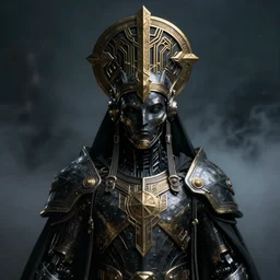 a dark sci fi matte painting portrait of a shadow mech priest wearing a massive ornate headdress made of realistic metal and sci fi armor, art deco, cinematic lighting, smooth, dark sci fi, unreal engine, octane render, by vitaly bulgarov, golden rule, subject in center of frame, fog volumes, cgsociety