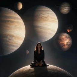 A beautiful woman sitting below many massive planets, cinematic lighting, dramatic atmosphere, by Dustin Nguyen, Akihiko Yoshida, Greg Tocchini, Greg Rutkowski, Cliff Chiang, 4k resolution, trending on artstation