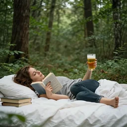 your mom laying on bed in middle of forest with book in one hand and beer in other.