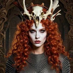a single fierce looking beautiful young woman with curly red hair and symmetrical white makeup, wrapped in chainmail, wearing an intricate headdress made from bones and leather, painted by turner, intricate linework, unreal engine 5 highly rendered, global illumination, radiant light, detailed and intricate environment