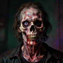 cinematic colorful horror artwork by artgerm, beksinski, jean delville ; real life long shot perfectly centered portrait of ugly scary terrifying rotten man with one eye socket missing, half jaw hanging down, melting pus skin skull ; 8 k hdr, dramatic lighting, insanely detailed