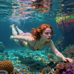 surreal Emma Stone swimming in chromatic distortions in mysterious place, beautiful, psychedelic, lsd, trending on artstation, artwork by Tran, Ross