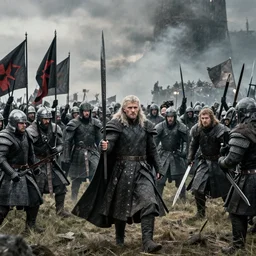cinematic artwork action shot of the Baratheon army vs the Bolton army, Game of Thrones, Battle of the Bastards by Greg Rutkowski, 4k, masterpiece