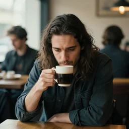 man with long dark hair drunk with coffee who is sad because others are not boys