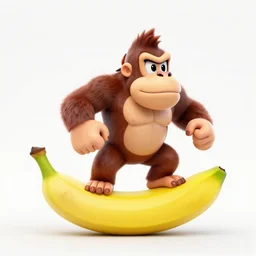 Donkey Kong. A banana on the ground, Donkey Kong is standing on the banana. 3D render