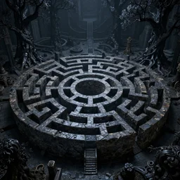 dense dark labyrinth maze of gnarled stone and black trees, night, volumetric lighting, 8 k octane beautifully detailed render, post - processing, extremely hyper - detailed, intricate, epic composition, intricate, trending on artstation, stunning art by anders zorn, wonderful masterpiece by frazetta