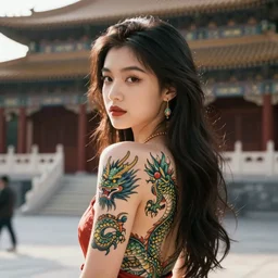 a full figure Portrait of a beautiful Chinese girl with a tattoo of a dragon on her back standing in a temple by Norman Rockwell