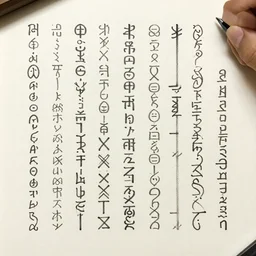 constructed script with a mystic and simple aesthetic inspired by kanji and baybayin writing