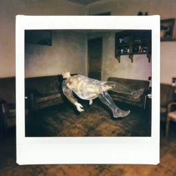 coloured atmospheric polaroid photo of a with transparent corpse dead body floating in old living room interior
