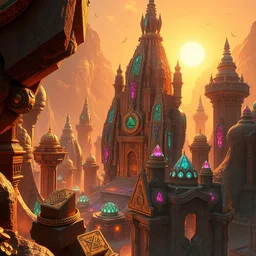 futuristic indian metropolis, highly detailed crystal and gemstone relics, gold relics, bright sun magic hour, digital painting, solid cube of light, hard edges, artstation, sharp focus, illustration, 8 k highly detailed