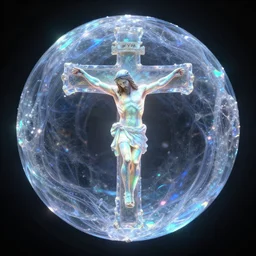 a crystalline 3 d mandelbulb fractal in the shape of jesus christ on the cross, bioluminescent opal, fractal, magnificent lighting, ethereal, ray tracing, octane, holographic