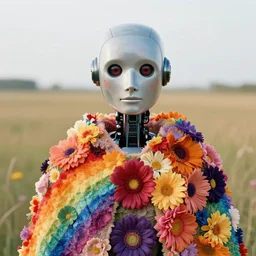 closeup portrait of a robot wearing a cloak made of flowers and rainbows, in an empty field, by Annie Leibovitz and Steve McCurry, natural light, detailed face, CANON Eos C300, ƒ1.8, 35mm, 8K, medium-format print