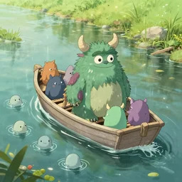lab to create cute monsters and creatures, a monster rowing a small boat in a river, some tiny cute water monsters swimming in the shallow water, showered by sunlight, natural lighting, playful color scheme, intricate details, matte painting, illustration, by hayao miyazaki