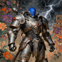 composition with portrait of gothic and futuristic, warhammer, cyber japan armor, many scars, many mechflowers, thunderstorm, blue head, some orange and purple, the middle ages, highly detailed, artstation, in the style of moebius, jugendstil and classic japanese print, psychedelic, art by jean delville and dragan bibin