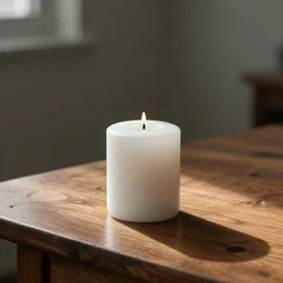 a white candle on a wooden table. subsurface scattering