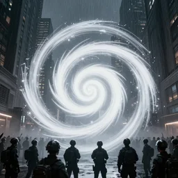 black army protecting a very detailed spiral - shaped bright white luminous attractor right in the center of the city from protesting people, crawd of people, rain and light fog, professional lighting, concept art in 3 d, high detail, professional lighting, unreal engine