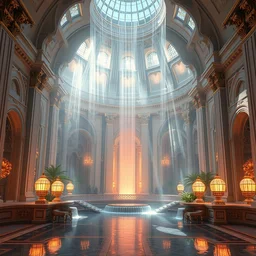 bright sleek waterfall solarpunk palace interior, neo - rococo, extreme opulence, 4 k octane render, utopia, volumetric light, 4 k full hd, cinematic, futuristic, wealthy atmosphere, imagined by simon bizley, albert bierstadt, herbert james draper, arnold bocklin, caspar david friedrich, sir lawrence, alma tadema, karl heilmayer, jmw