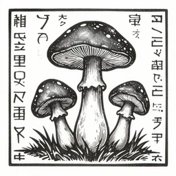 a linocut engraving of hyeroglyphs made out of mushrooms
